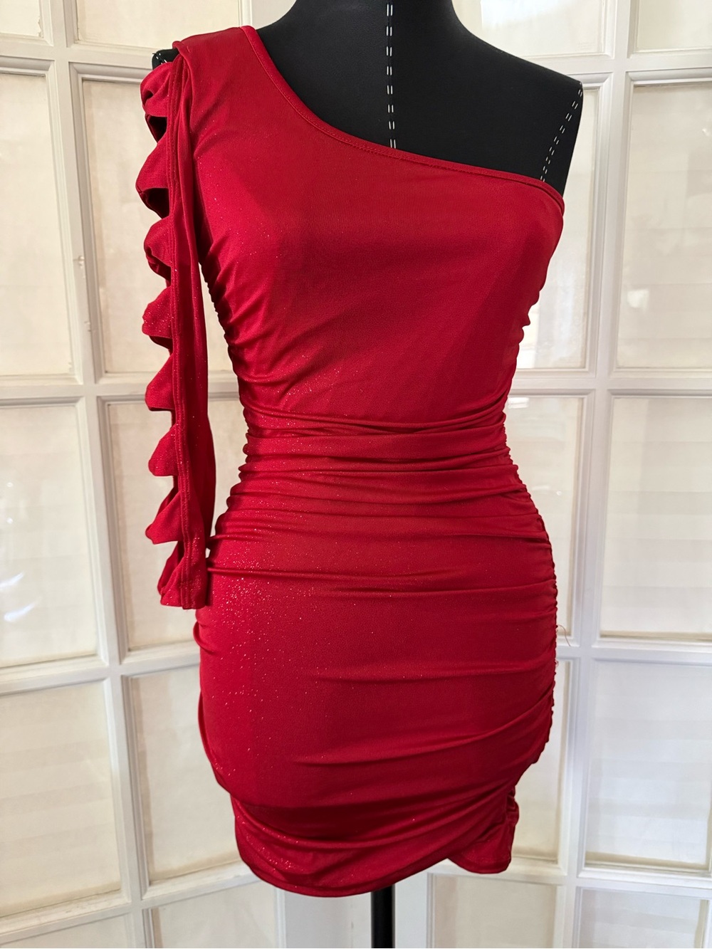 Asymmetric One-Shoulder Ruched Red Mini Dress